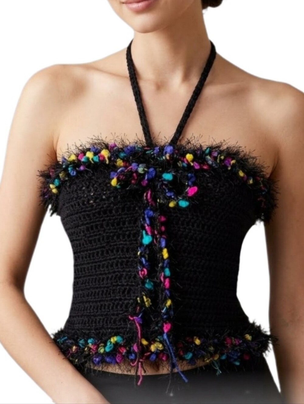 HAND CRAFTED Top Corsetted Cropped Crochet Black Size S